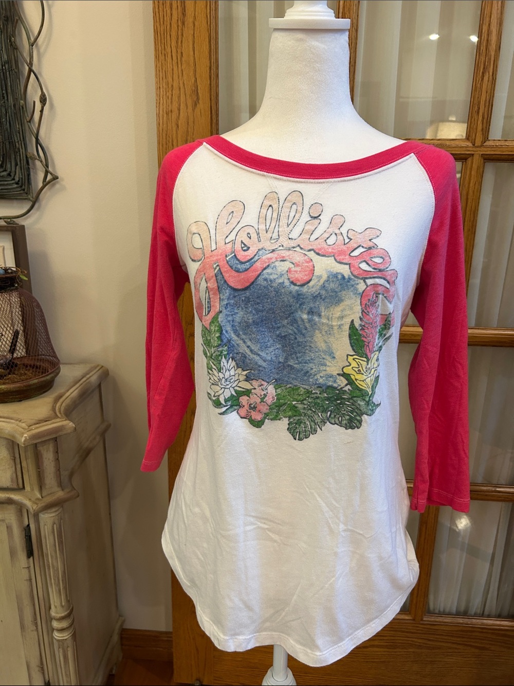 Hollister White Tee with Hot Pink Raglan Sleeves & Surf Graphic
